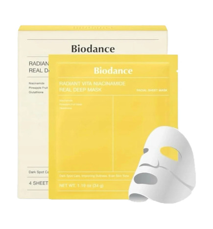 Nakts hidrogēla maska ādas mirdzumam un toņa izlīdzināšanai Biodance Radiant Vita Niacinamide Real Deep Mask