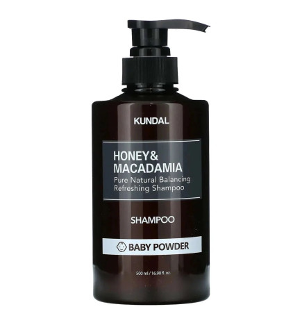 Šampūns KUNDAL Honey & Macadamia Pure Natural Balancing Refreshing Shampoo Baby Powder, 500 ml