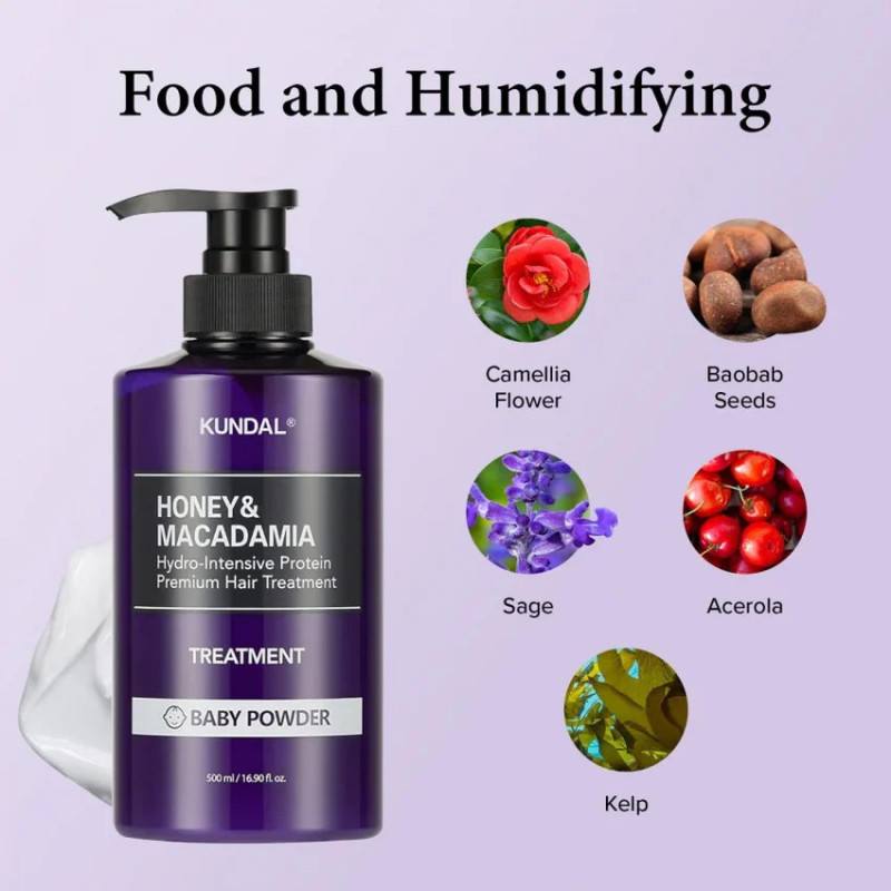 Matu maska-kondicionieris KUNDAL Honey & Macadamia Hydro-Intensive Protein Premium Hair Treatment Baby Powder, 500 ml