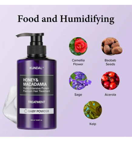 Matu maska-kondicionieris KUNDAL Honey & Macadamia Hydro-Intensive Protein Premium Hair Treatment Baby Powder, 500 ml