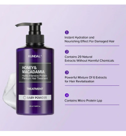 Matu maska-kondicionieris KUNDAL Honey & Macadamia Hydro-Intensive Protein Premium Hair Treatment Baby Powder, 500 ml