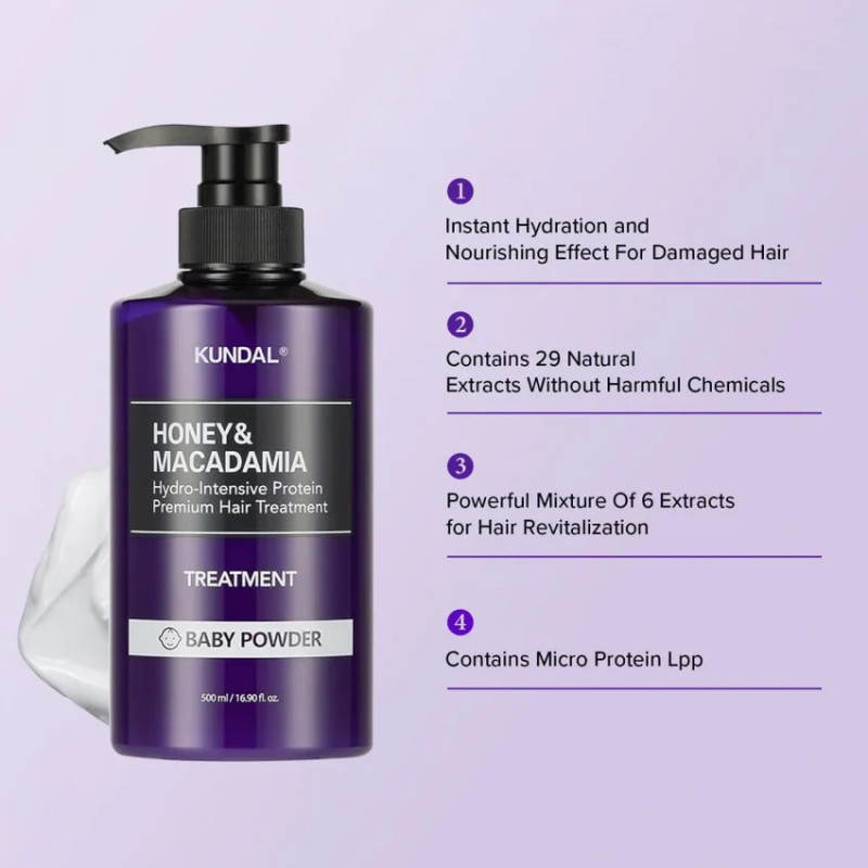 Маска-кондиционер для волос KUNDAL Honey & Macadamia Hydro-Intensive Protein Premium Hair Treatment Baby Powder, 500 мл